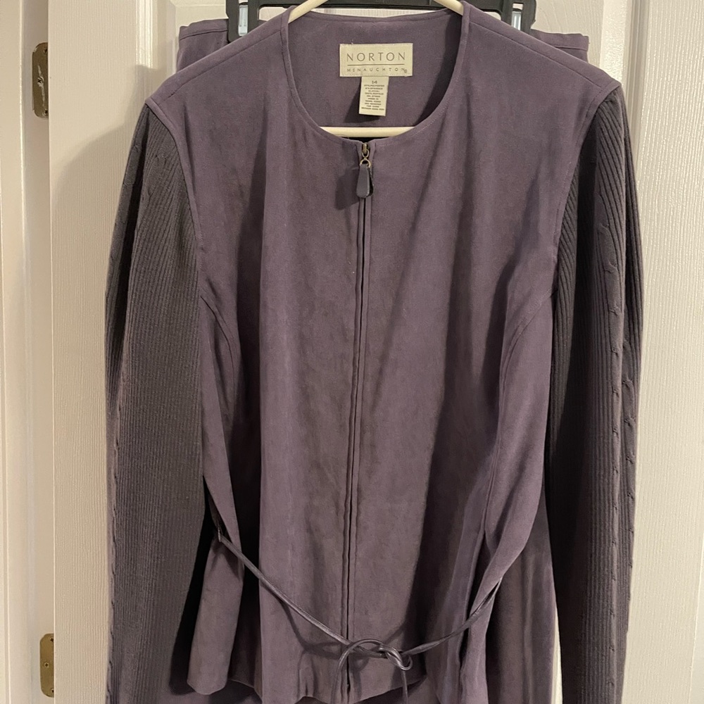 Sweater jacket and skirt.,Smokey lavender color. Jacket is zipped front. Size 14